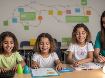 Crianças com Síndrome de Down participando de atividades lúdicas e educativas em um curso online, com foco em desenvolvimento e inclusão.