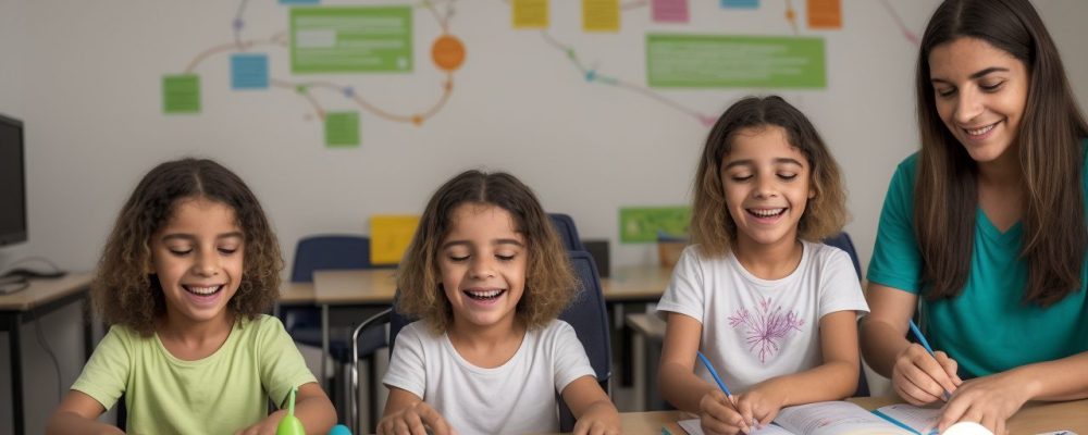 Crianças com Síndrome de Down participando de atividades lúdicas e educativas em um curso online, com foco em desenvolvimento e inclusão.