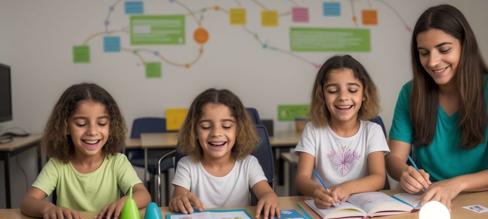 Crianças com Síndrome de Down participando de atividades lúdicas e educativas em um curso online, com foco em desenvolvimento e inclusão.