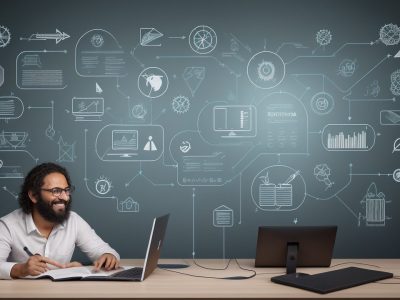 Ilustração de um educador trabalhando em design instrucional para EAD, com elementos visuais de aprendizado online e engajamento estudantil.