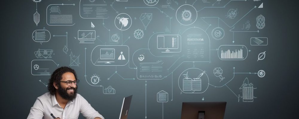 Ilustração de um educador trabalhando em design instrucional para EAD, com elementos visuais de aprendizado online e engajamento estudantil.