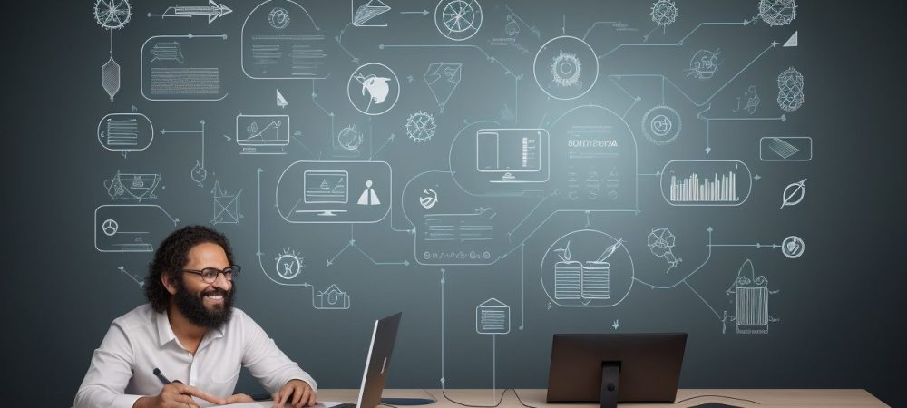 Ilustração de um educador trabalhando em design instrucional para EAD, com elementos visuais de aprendizado online e engajamento estudantil.