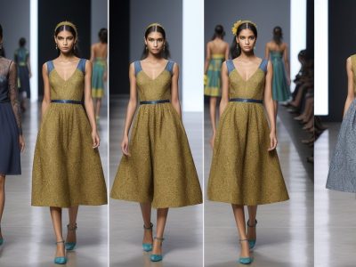 Ilustração de um croqui de moda detalhado, com roupas e acessórios, representando o processo criativo do design de moda.