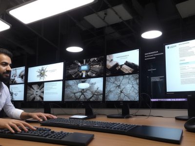 Um designer de games trabalhando em um ambiente criativo, com esboços de jogos e telas de computador exibindo projetos.