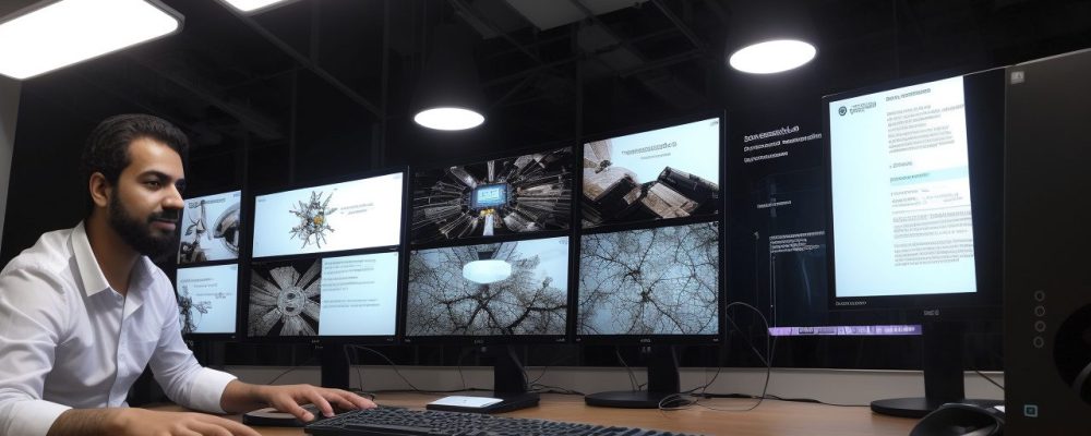 Um designer de games trabalhando em um ambiente criativo, com esboços de jogos e telas de computador exibindo projetos.