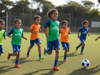 Crianças praticando atividades físicas e esportes na escola, promovendo a educação física e desenvolvimento motor.