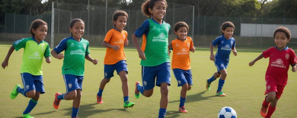 Crianças praticando atividades físicas e esportes na escola, promovendo a educação física e desenvolvimento motor.