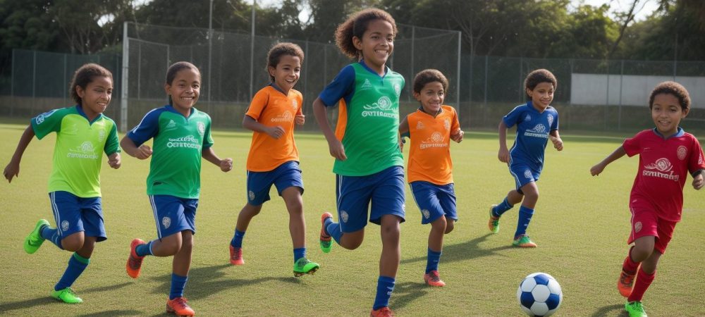 Crianças praticando atividades físicas e esportes na escola, promovendo a educação física e desenvolvimento motor.