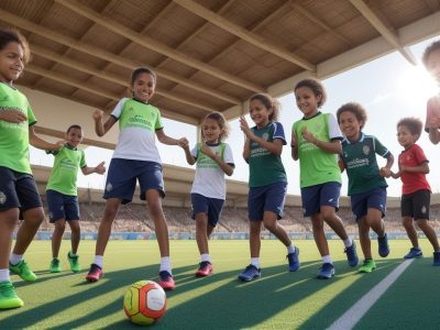 Crianças praticando atividades físicas na escola, mostrando a importância do desporto e da educação física para o desenvolvimento.