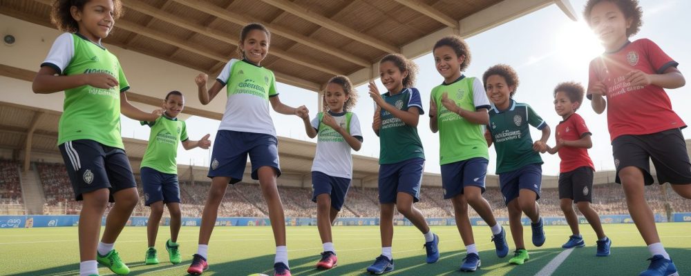 Crianças praticando atividades físicas na escola, mostrando a importância do desporto e da educação física para o desenvolvimento.