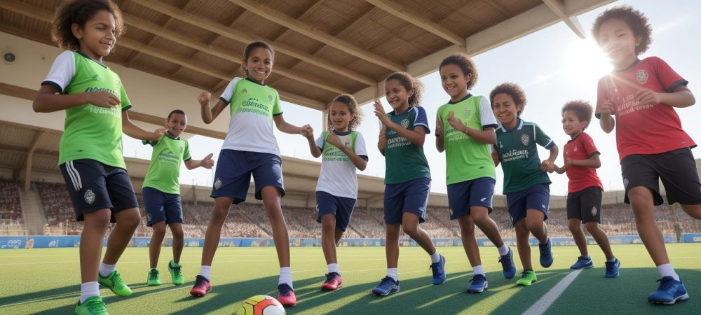 Crianças praticando atividades físicas na escola, mostrando a importância do desporto e da educação física para o desenvolvimento.