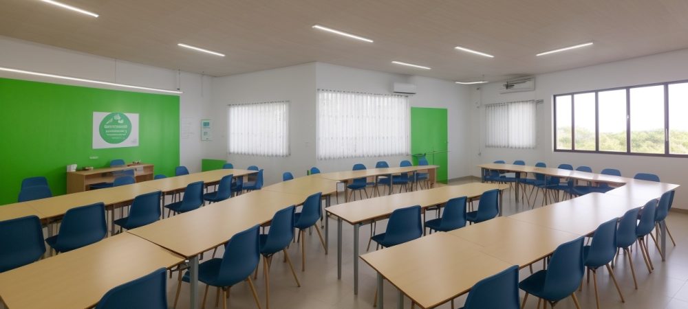 Imagem celebrando o Dia do Professor, mostrando um professor sorrindo e interagindo com alunos em uma sala de aula ensolarada, simbolizando a importância da educação.