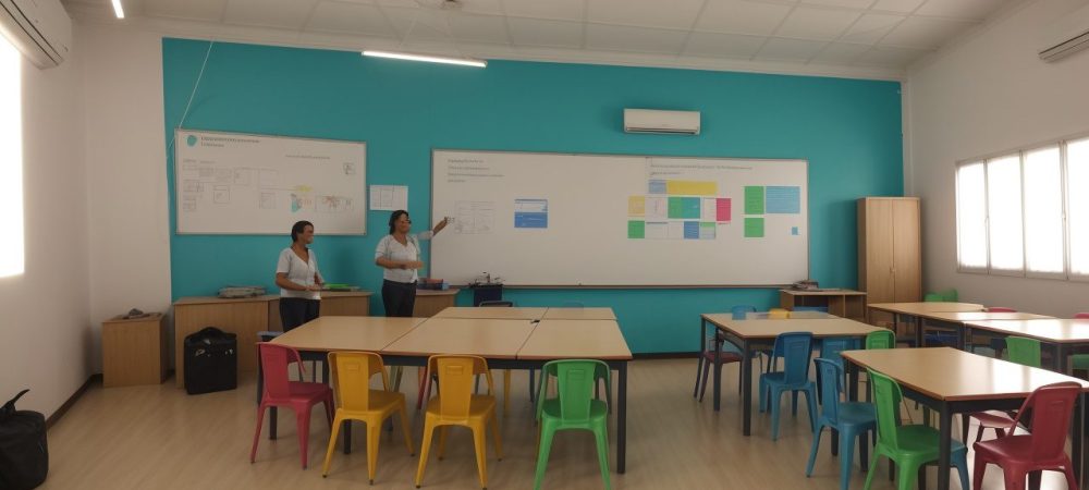 Professor e alunos engajados em sala de aula, utilizando metodologias ativas e um planejamento pedagógico inovador para aprimorar a didática.