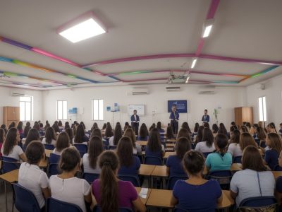 Professor e alunos em sala de aula, utilizando metodologias ativas e práticas pedagógicas inovadoras para o ensino superior