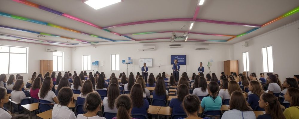 Professor e alunos em sala de aula, utilizando metodologias ativas e práticas pedagógicas inovadoras para o ensino superior