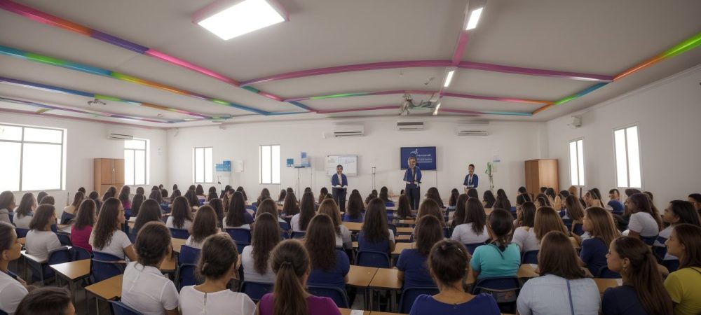 Professor e alunos em sala de aula, utilizando metodologias ativas e práticas pedagógicas inovadoras para o ensino superior