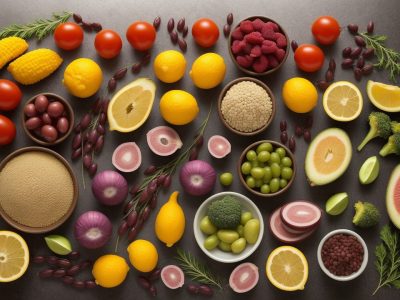 Ilustração de um prato com alimentos saudáveis e um rim, representando a dieta para doença renal e nutrição renal.