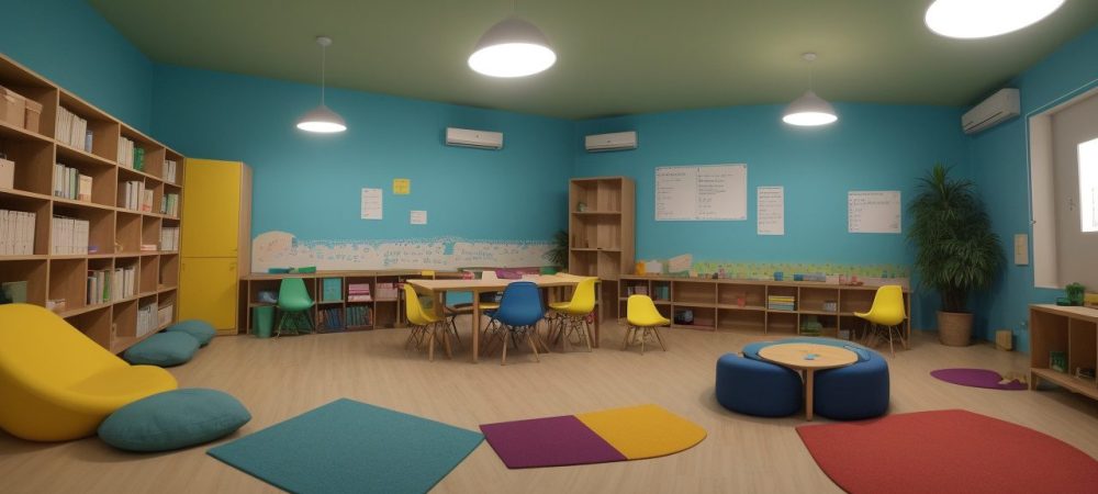 Ambiente escolar colaborativo com estudantes usando estratégias educativas para dificuldades de aprendizagem