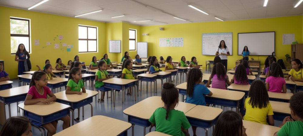 Estudantes realizando atividades práticas para dificuldades de aprendizagem em sala de aula inclusiva.