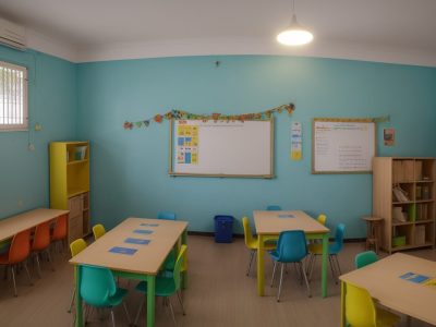 Ambiente educacional com materiais adaptados para auxiliar alunos com dificuldades de aprendizagem.