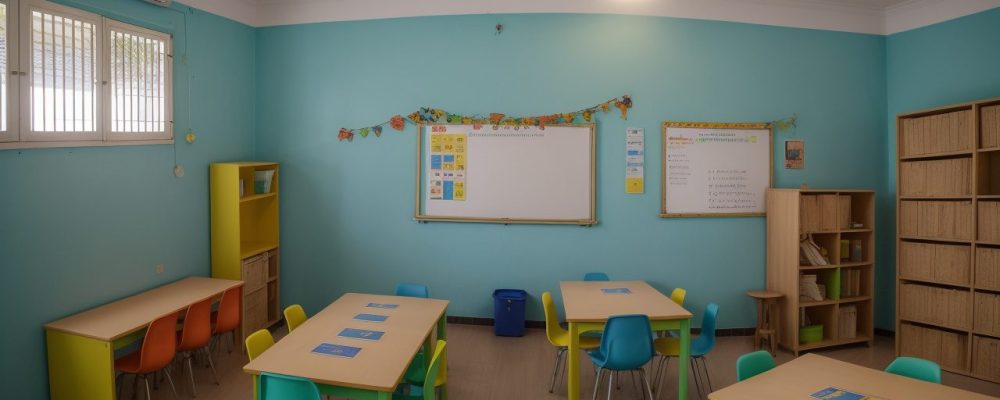 Ambiente educacional com materiais adaptados para auxiliar alunos com dificuldades de aprendizagem.