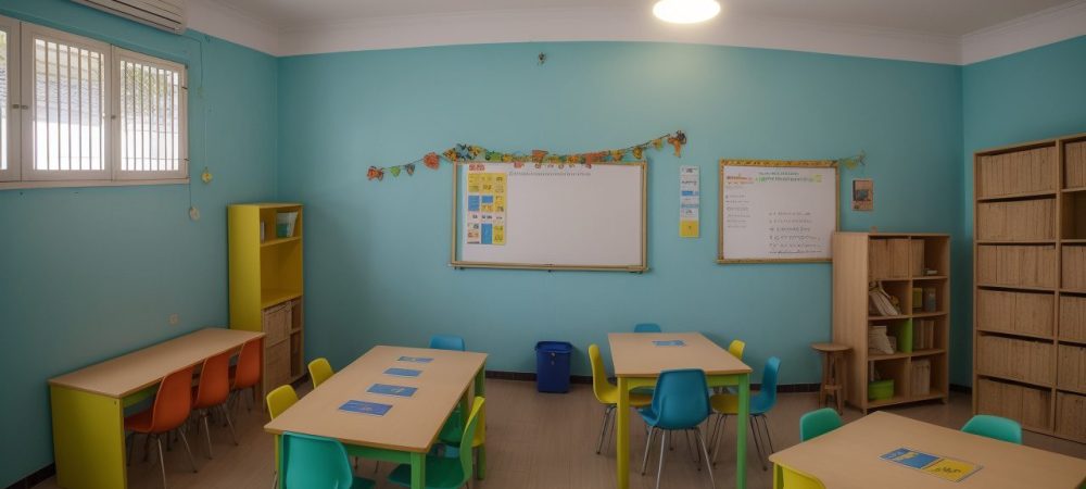 Ambiente educacional com materiais adaptados para auxiliar alunos com dificuldades de aprendizagem.