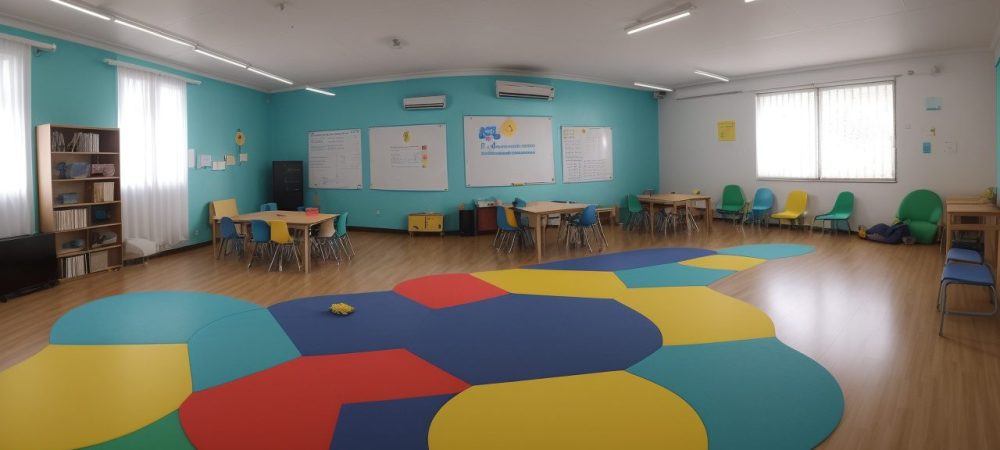 Sala de aula colaborativa destacando estudantes em atividades de identificação e intervenção de dificuldades de aprendizagem.