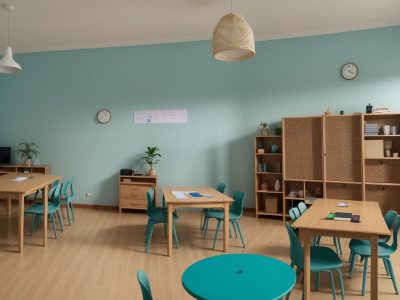 Estudantes em sala de aula interativa realizando atividades para dificuldades de aprendizagem.