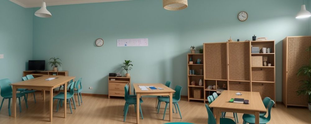 Estudantes em sala de aula interativa realizando atividades para dificuldades de aprendizagem.