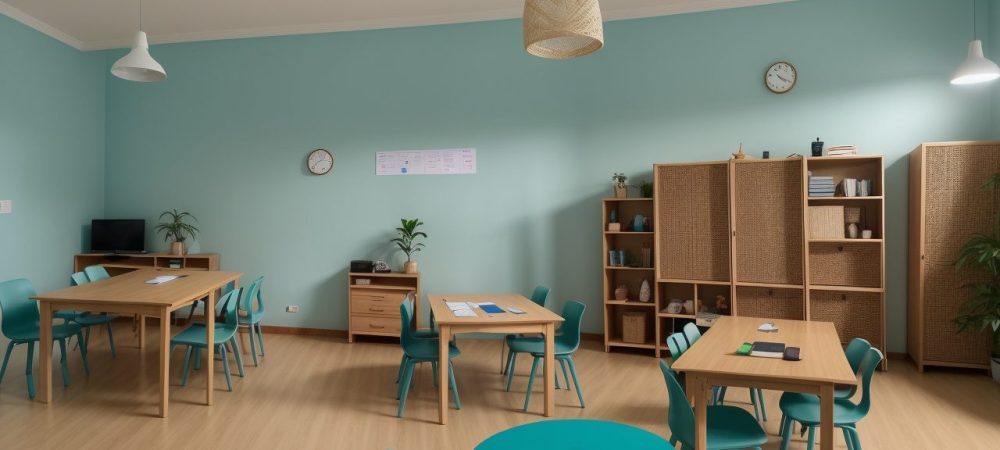 Estudantes em sala de aula interativa realizando atividades para dificuldades de aprendizagem.