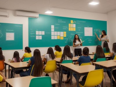 Ambiente escolar onde estudantes superam dificuldades de aprendizagem na leitura e escrita