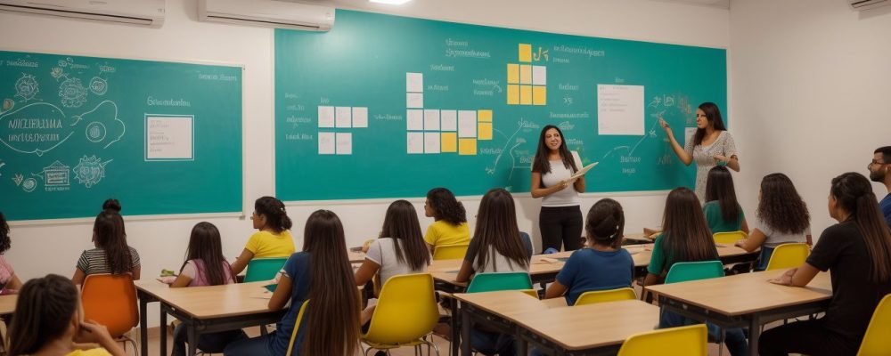 Ambiente escolar onde estudantes superam dificuldades de aprendizagem na leitura e escrita