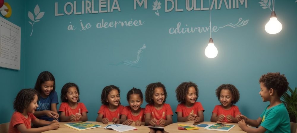 Ambiente de aprendizagem inclusivo com atividades práticas para crianças com dificuldades de aprendizagem.