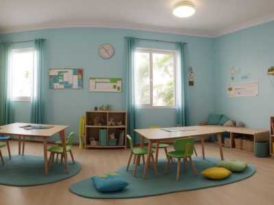 Sala de aula moderna com estudantes colaborando em atividades interativas para superar dificuldades de aprendizagem.