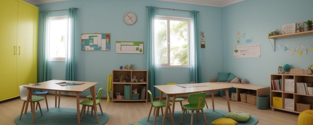 Sala de aula moderna com estudantes colaborando em atividades interativas para superar dificuldades de aprendizagem.