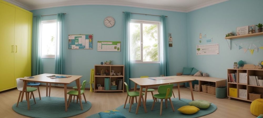 Sala de aula moderna com estudantes colaborando em atividades interativas para superar dificuldades de aprendizagem.