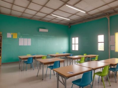 Ambiente de sala de aula onde educadores ajudam alunos com dificuldades de aprendizagem utilizando recursos visuais.