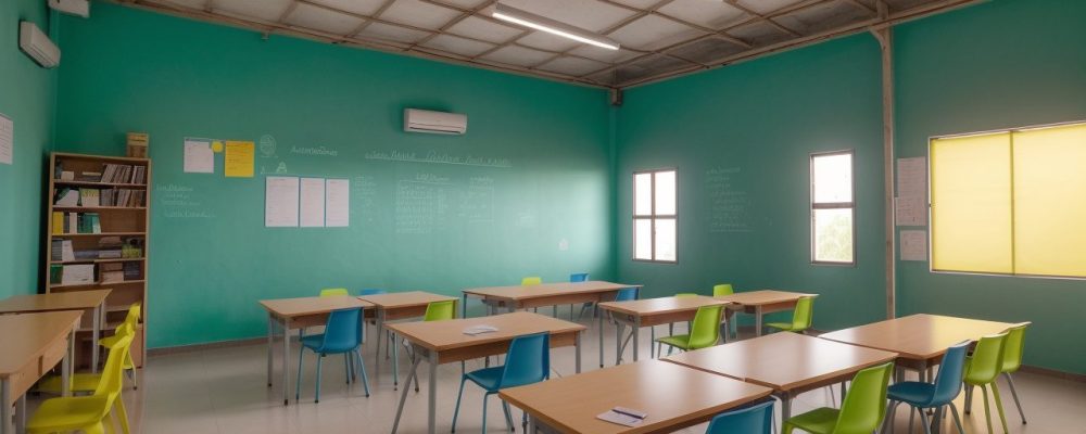 Ambiente de sala de aula onde educadores ajudam alunos com dificuldades de aprendizagem utilizando recursos visuais.