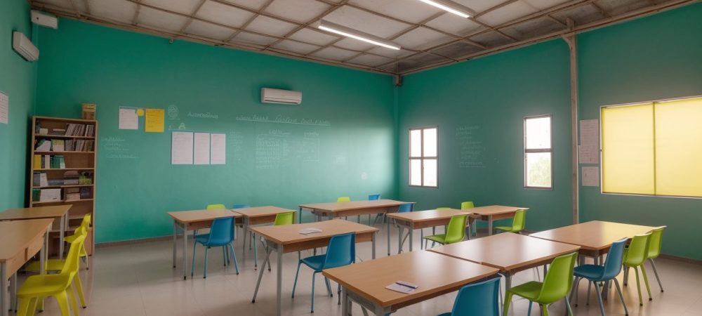 Ambiente de sala de aula onde educadores ajudam alunos com dificuldades de aprendizagem utilizando recursos visuais.