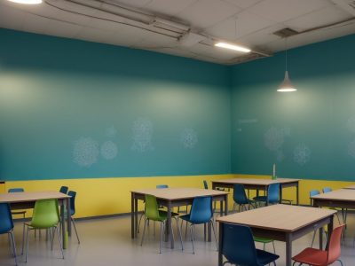 Ambiente educacional onde alunos interagem através de atividades adaptadas para dificuldades de aprendizagem