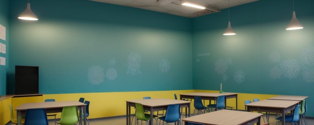 Ambiente educacional onde alunos interagem através de atividades adaptadas para dificuldades de aprendizagem