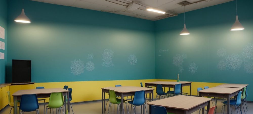 Ambiente educacional onde alunos interagem através de atividades adaptadas para dificuldades de aprendizagem