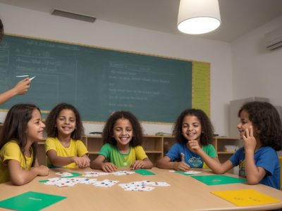 Crianças em sala de aula usando jogos educativos para superar dificuldades de aprendizagem