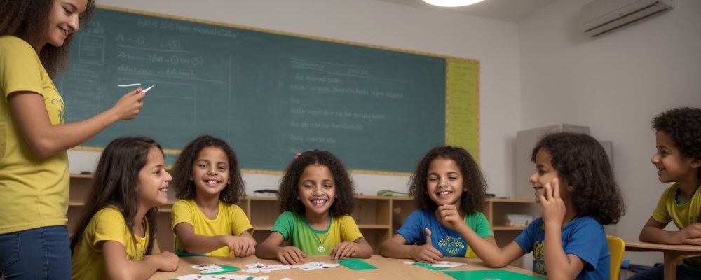 Crianças em sala de aula usando jogos educativos para superar dificuldades de aprendizagem