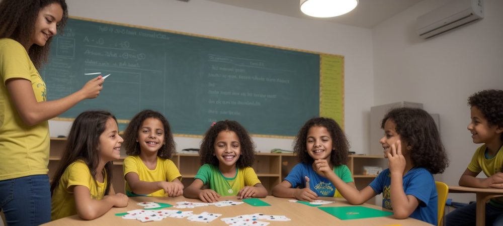 Crianças em sala de aula usando jogos educativos para superar dificuldades de aprendizagem
