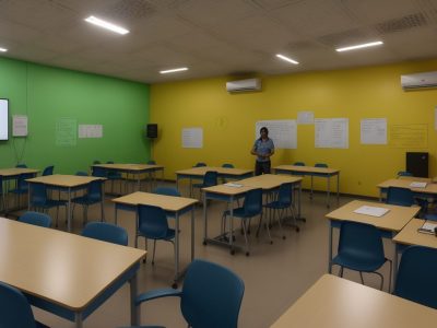 Sala de aula moderna mostrando estratégias para ajudar alunos com dificuldades de aprendizagem.