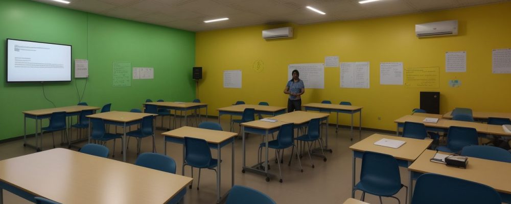 Sala de aula moderna mostrando estratégias para ajudar alunos com dificuldades de aprendizagem.