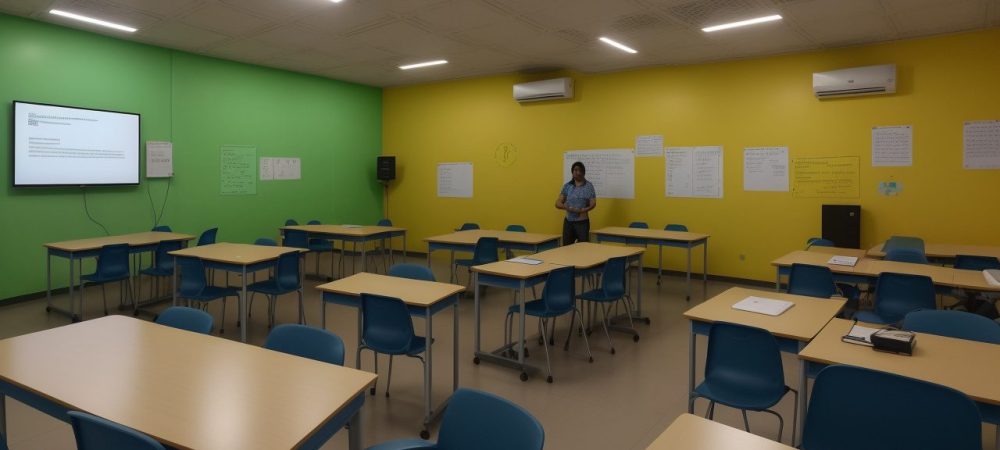 Sala de aula moderna mostrando estratégias para ajudar alunos com dificuldades de aprendizagem.