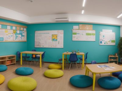 Ambiente de sala de aula inclusiva com materiais para dificuldades de aprendizagem.