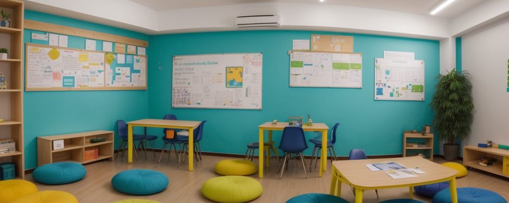 Ambiente de sala de aula inclusiva com materiais para dificuldades de aprendizagem.